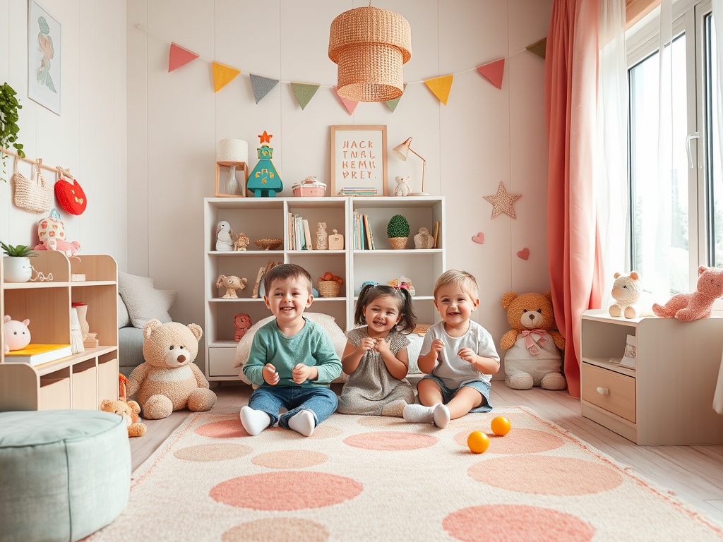 Трое детей сидят на ковре в яркой комнате, играя с игрушками и радуясь друг другу.
