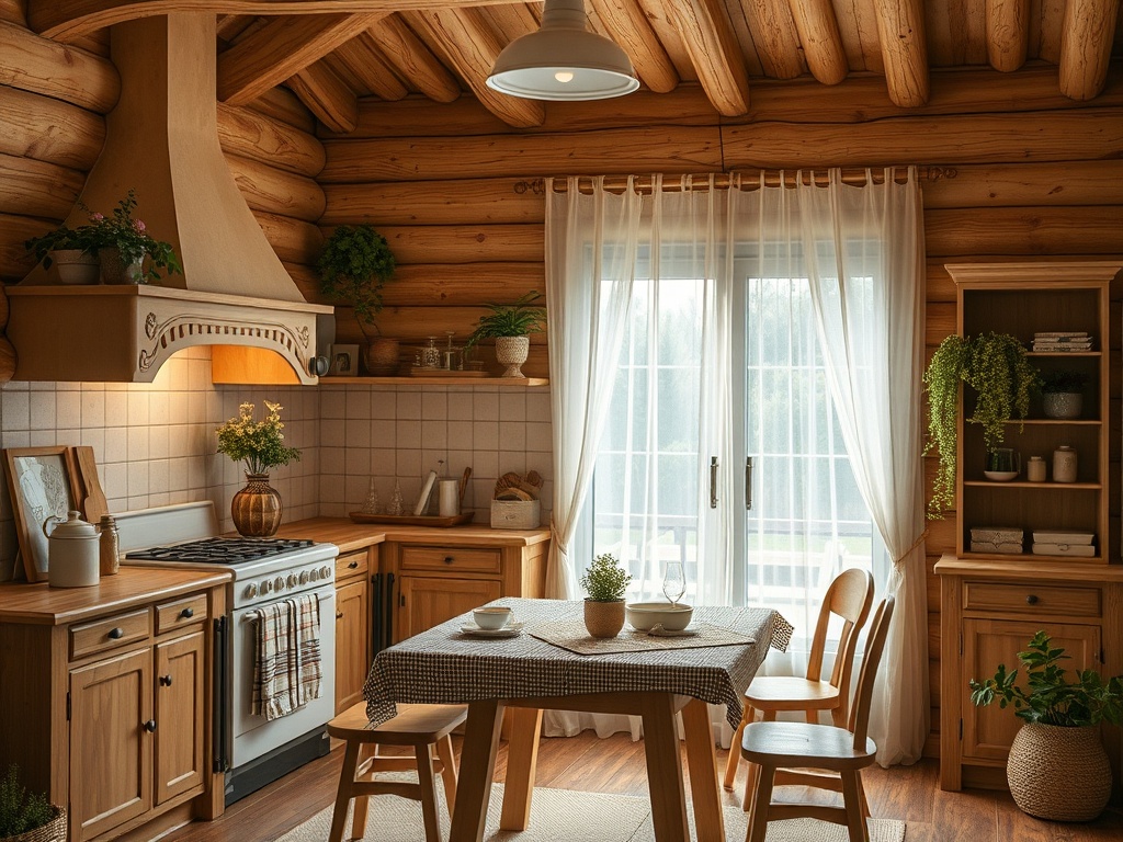 Уютная кухня в деревянном доме с светлыми тонами, столом и растениями на окнах.