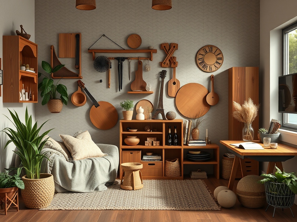 Уютный интерьер с деревянными элементами, растениями и стильной мебелью. Тёплая атмосфера домашнего уюта.