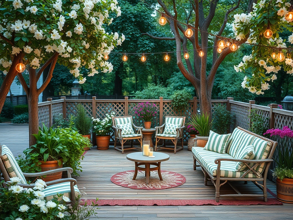 Уютная терраса с зелеными растениями, яркими огнями и мебелью для отдыха на фоне природы.
