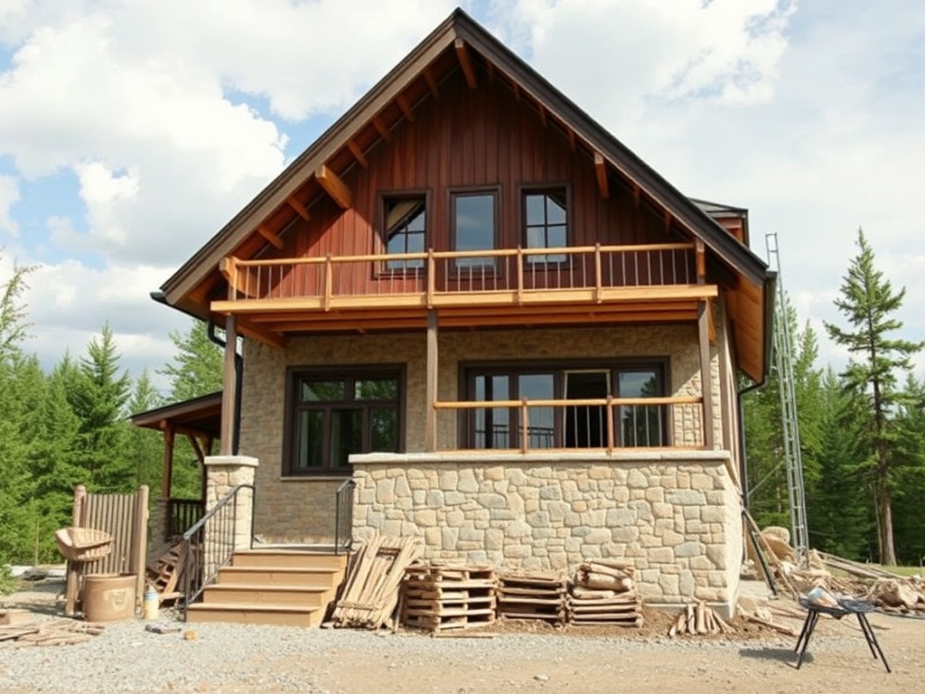Современный дом из камня и дерева, окруженный зелеными деревьями, с деревянным балконом и лестницей.