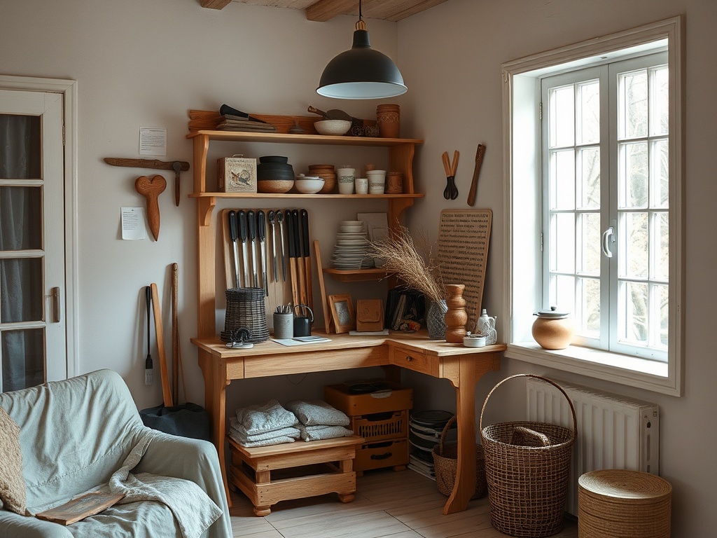 Светлая кухня с деревянным столом, полками, уютной мебелью и окнами, пропускающими солнечный свет.