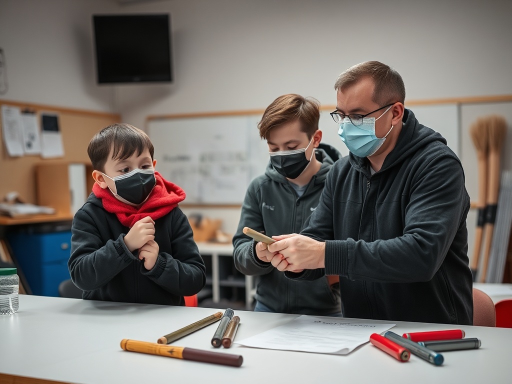 Дети и взрослый в масках учатся игре на музыкальных инструментах в классе. На столе инструменты и лист бумаги.