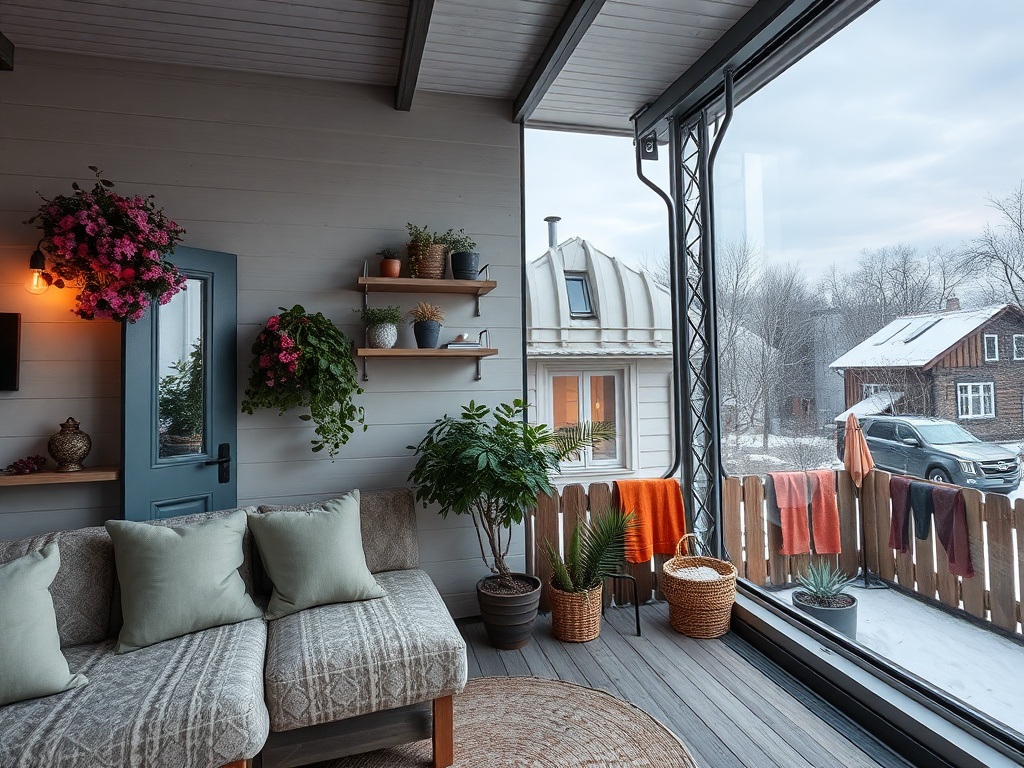 Уютная веранда с зелеными растениями, мягким диваном, окнами на зимний пейзаж и сушащейся одеждой на улице.