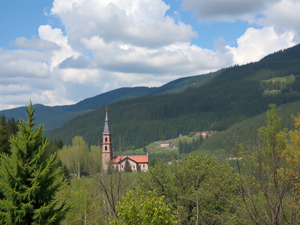 На картине видно живописное горное пейзаж с церковью и зелеными лесами под облачным небом.