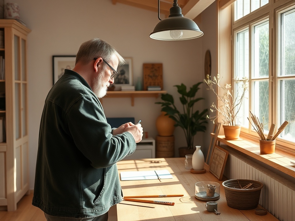 Пожилой человек с бородой стоит за столом и что-то записывает в светлом помещении с большими окнами.