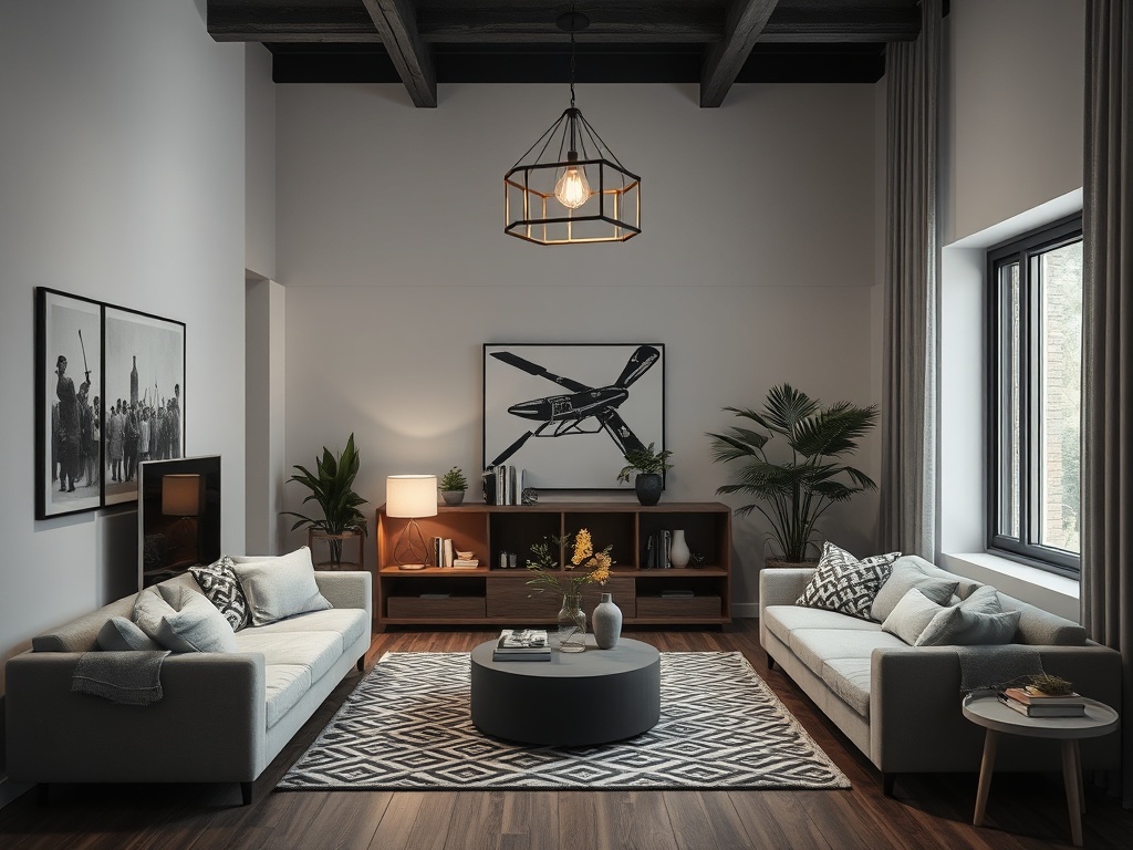 Современная гостиная с двух диванов, круглым столом, растениями и художественными постерами на стенах.