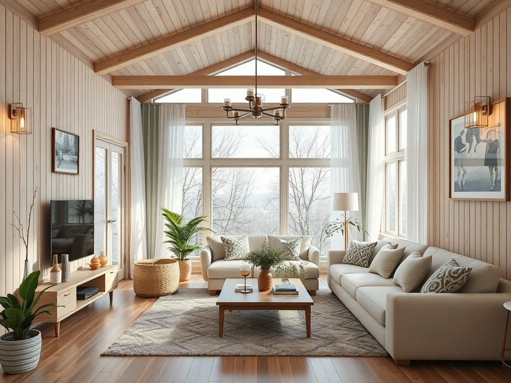 Светлая гостиная с большими окнами, деревянными стенами и уютной мебелью, украшенная растениями.
