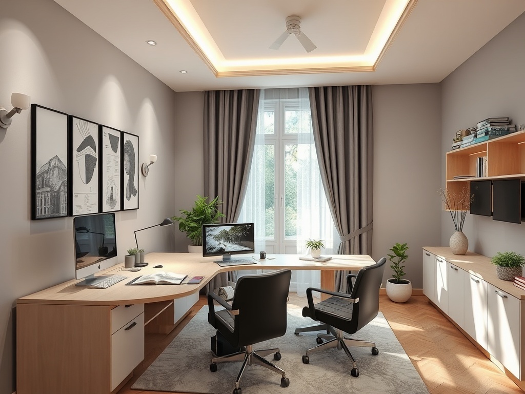 Современный офис с двумя офисными столами, компьютерами, растениями и ярким освещением.