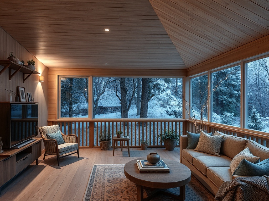 Уютная комната с большими окнами, за которыми снежный пейзаж, деревянный декор и комфортная мебель.