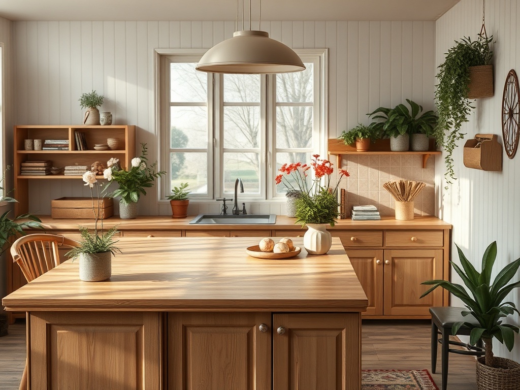 Светлая кухня с деревянной мебелью, растениями и аксессуарами, создающими уютную атмосферу.