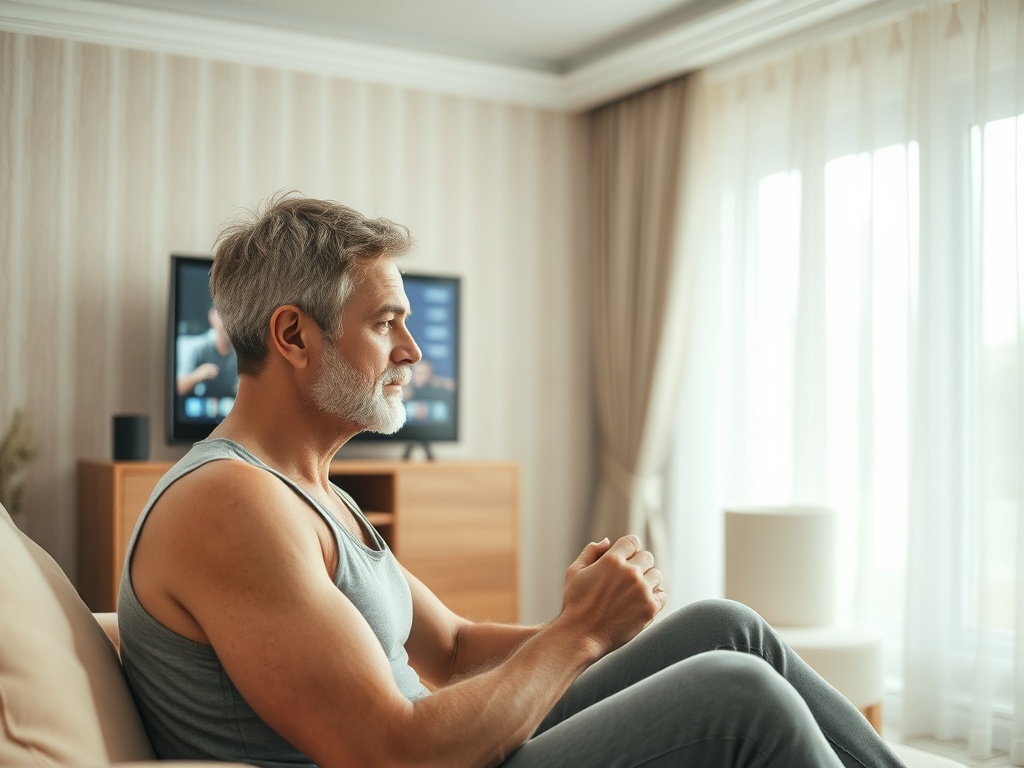 Пожилой мужчина в спортивной одежде сидит на диване, задумчиво смотря в окно, рядом телевизор.