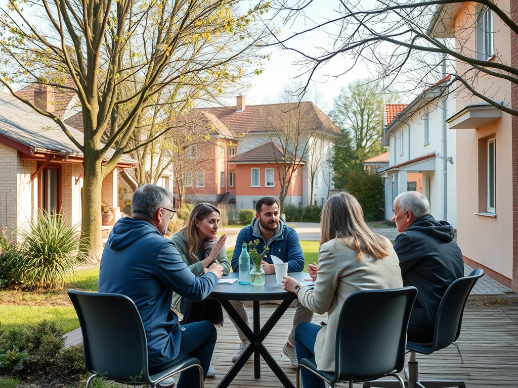 Шестеро людей сидят за столом на улице, общаясь и отдыхая в загородном доме. Зеленеют деревья.