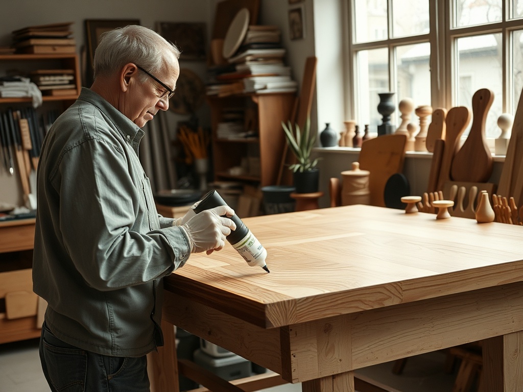 Мастер работает над деревянным столом в своей мастерской, используя инструменты и клей.