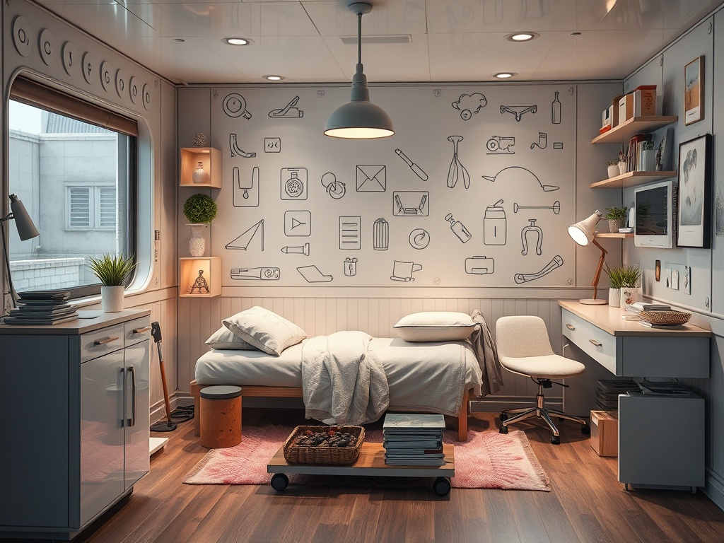 Современная комната с односпальной кроватью, письменным столом и декором на стенах в виде рисунков.