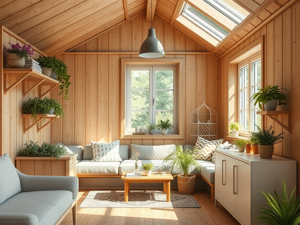 Уютная комната с деревянными стенами, большими окнами и зелеными растениями на полках и столах.