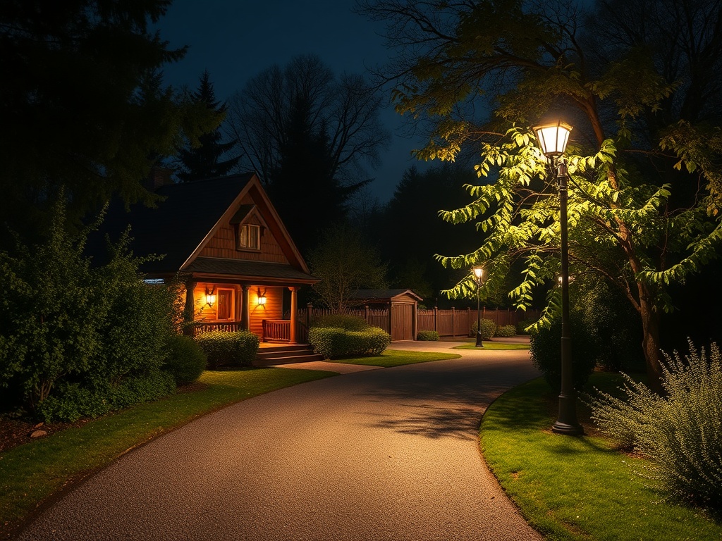 Ночью уютный домик освещён фонарями, вокруг зелень и успокаивающая атмосфера.