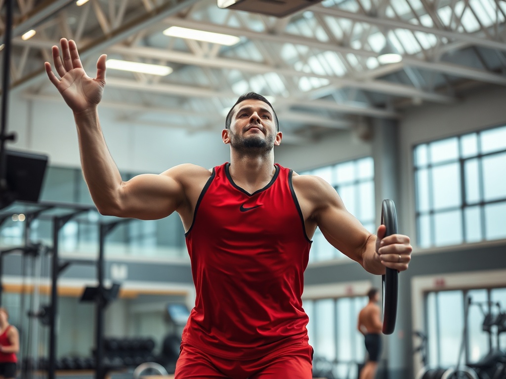 Молодой человек в красной футболке тренируется с обручем в спортзале, демонстрируя силу и концентрацию.