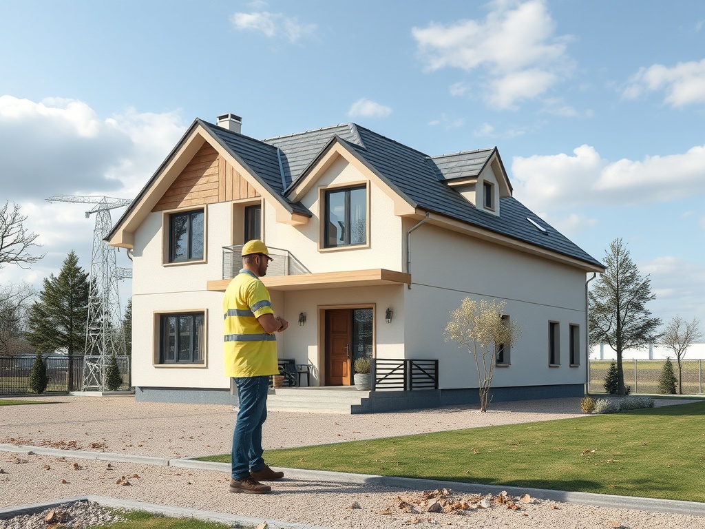 На картинке человек в желтой форме стоит у современного дома с зеленым газоном и деревьями.