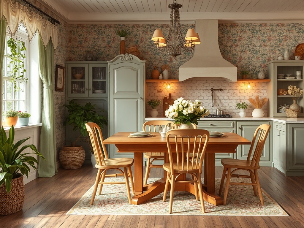 Современная кухня с деревянным столом, стульями и зелеными растениями, оформленная в светлых тонах.