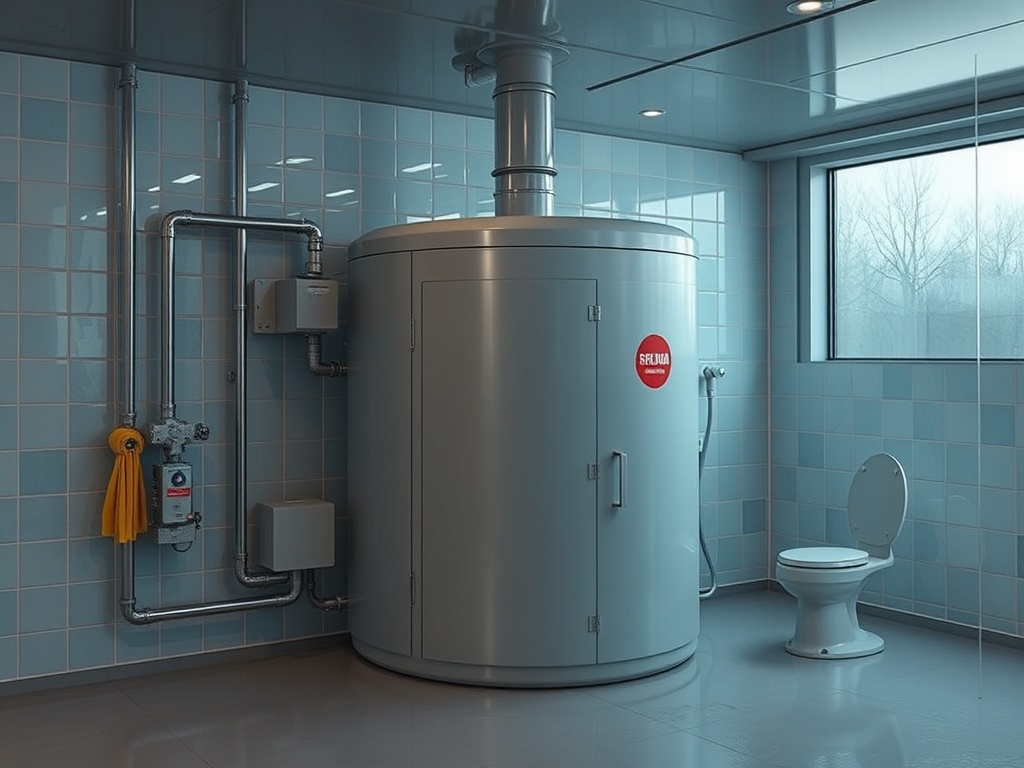 В ванной комнате находится круглый резервуар и унитаз, стены выложены голубой плиткой.