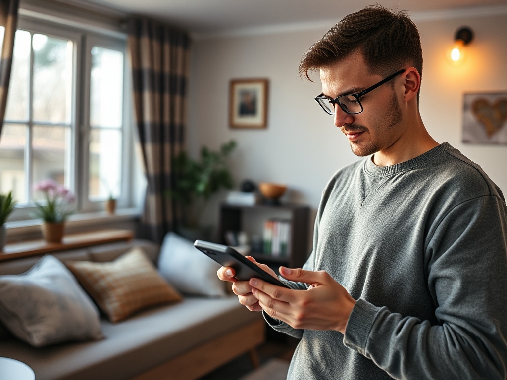 Молодой человек в сером свитере смотрит на телефон, стоя в уютной комнате с зелеными растениями и мягкой мебелью.