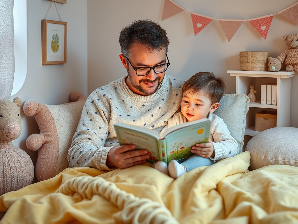 Отец читает книгу с маленьким ребенком в уютной комнате с мягкими игрушками и одеялами.