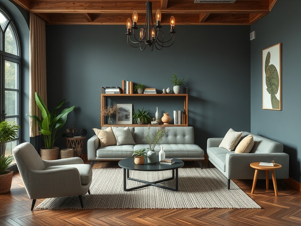 Современный уютный интерьер гостиной с серой мебелью и зелеными растениями на фоне темной стены.