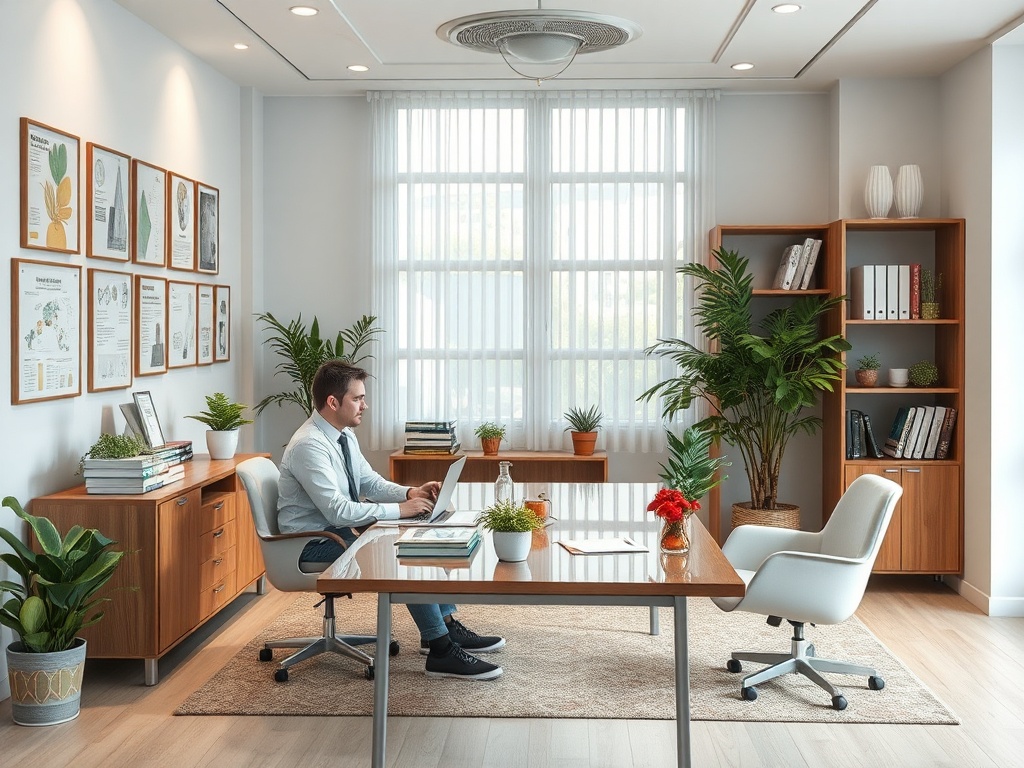Современный офис с деревянной мебелью, растениями и человеком, работающим за ноутбуком.
