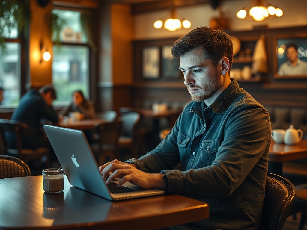 Молодой человек работает за ноутбуком в кафе, на столе стоит банка с напитком. Вокруг другие посетители.
