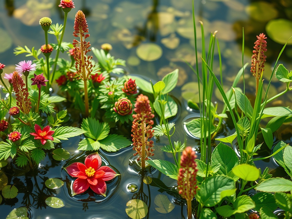На поверхности пруда растут яркие цветы и зелень, отражая солнечное сияние в воде.