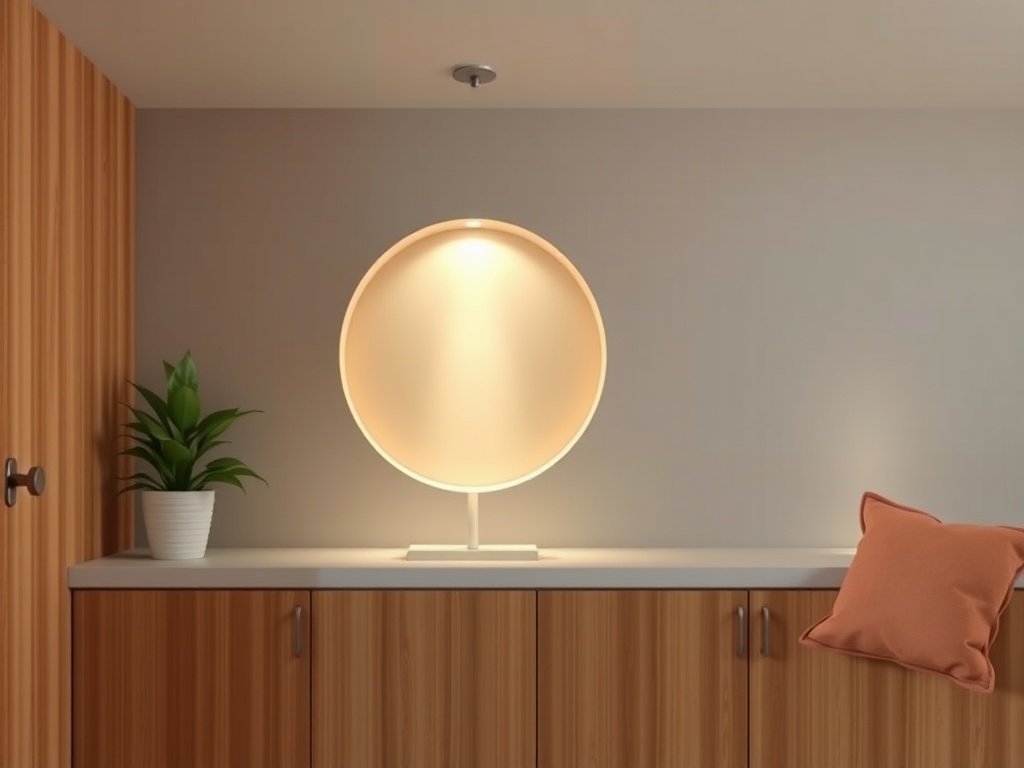 Современный интерьер: круглая лампа светит на стол с растением и подушкой в теплых тонах.
