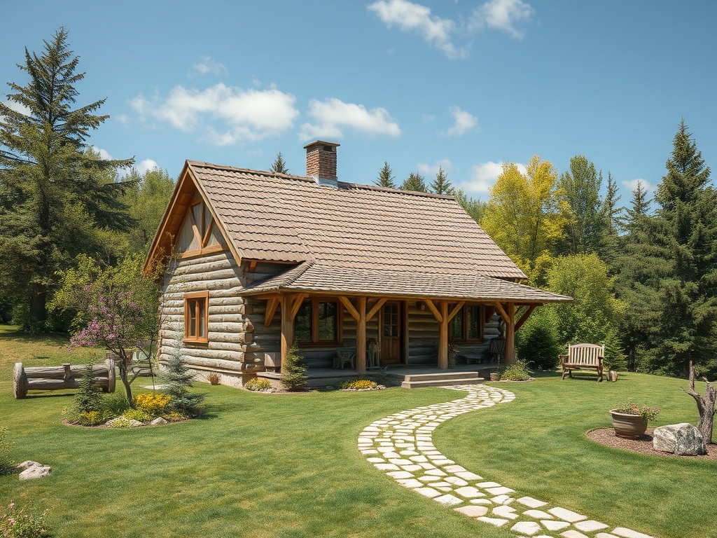 Деревенский дом с каменной дорожкой на фоне зеленого сада под ясным небом.