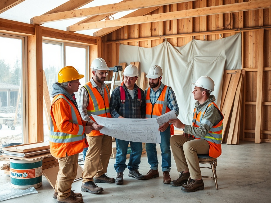 Группа строителей обсуждает планы в строящемся помещении, окруженная деревянными конструкциями и инструментами.