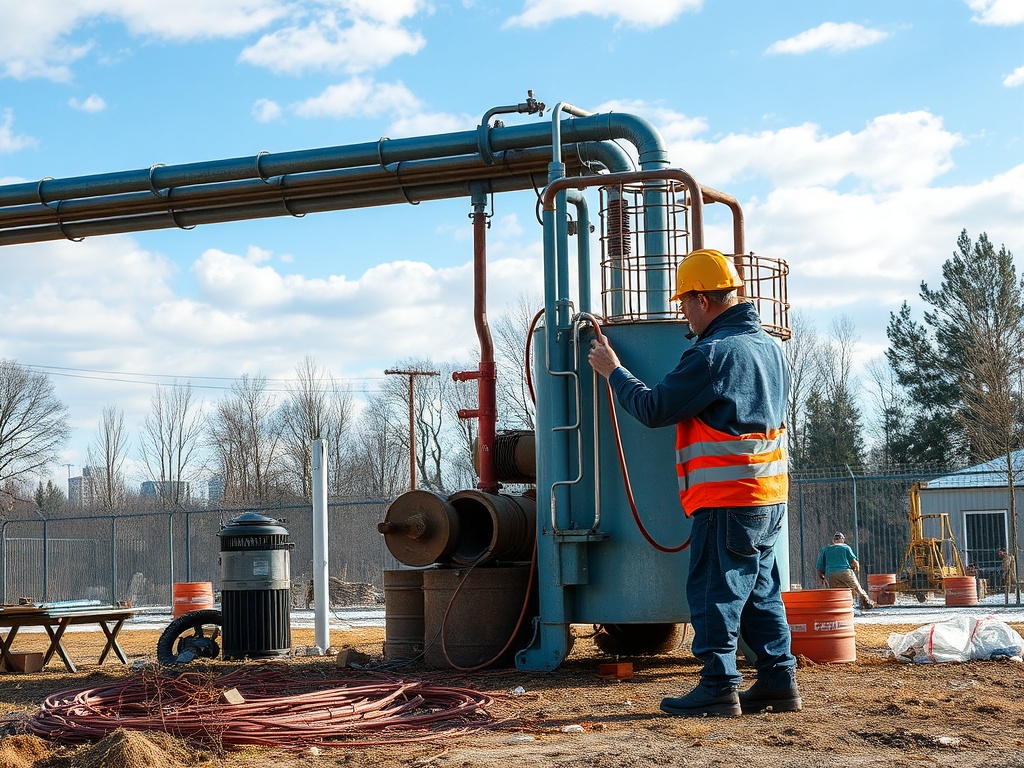 Рабочий в каске и жилете на строительной площадке, управляет оборудованием под голубым небом.