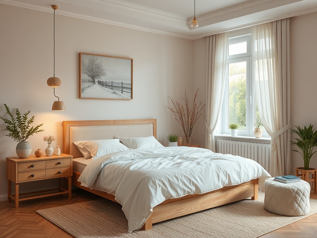 Уютная спальня с деревянной кроватью, мягким освещением и зелеными растениями на фоне окна.