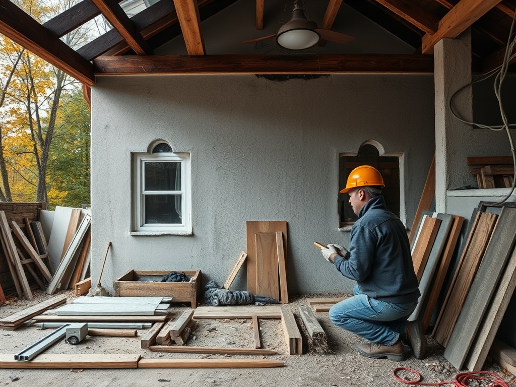 Рабочий в строительной каске, занимающийся ремонтом в помещении с деревянными материалами вокруг.