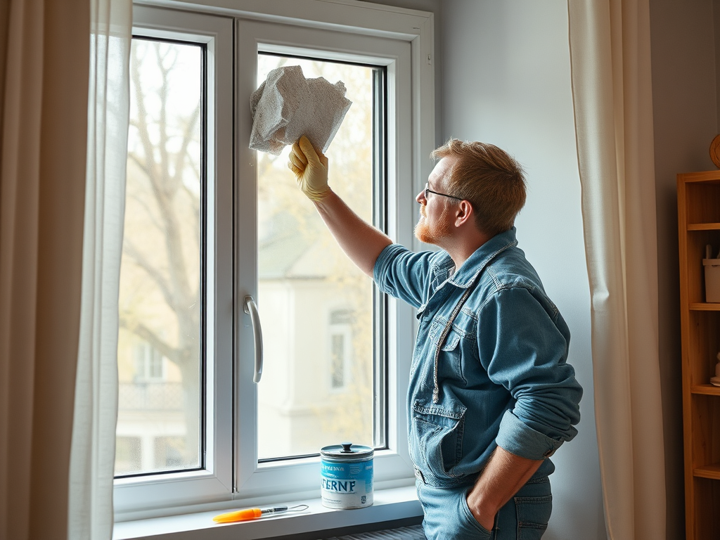 Мужчина в рукавицахCleaningи» очищает стекло окна с помощью тряпки. На столе банка с краской.
