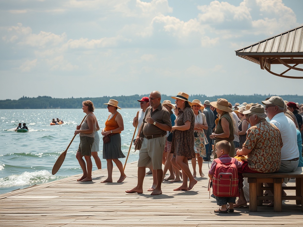На причале много людей, многие в шляпах, наслаждаются солнечным днем у воды. На горизонте видны лодки.