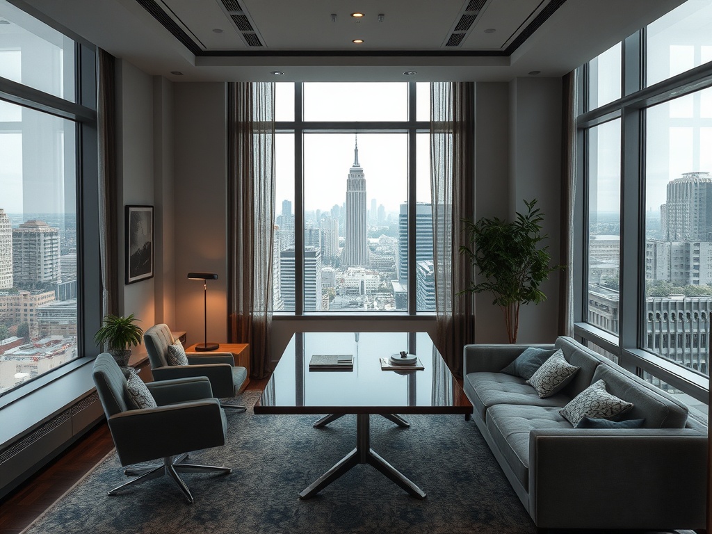 Современный офис с видом на город, стильно оформленный с удобной мебелью и большими окнами.